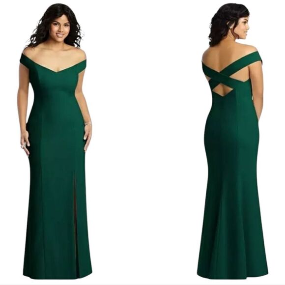 NWT Dessy Collection Off-the-Shoulder Criss Cross Back Trumpet Gown Green 4 - Picture 1 of 14